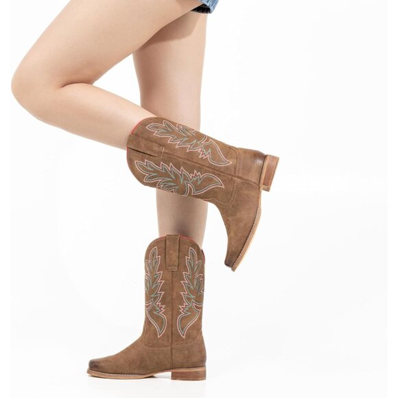 J's.o.l.e Women Brown Cowboy Boot Square Mid Calf Pull On Fashion Embroidered - Picture 6 of 9